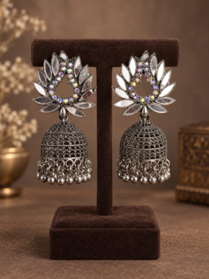 Oxidised lotus mirror jhumka earrings with multicolour stones and metallic ghungroos