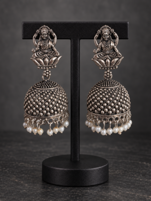 Lakshmi oxidised jhumka earrings with detailed domes and pearl drops