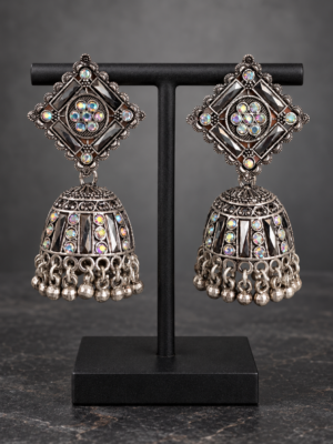Crystal stone oxidised jhumka earrings with iridescent crystals and silver-toned bead drops