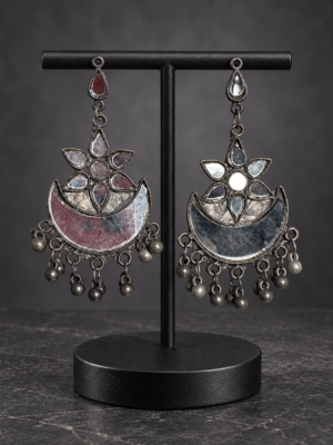 Lotus mirror-work oxidised chandbali earrings with silver-toned bead drops