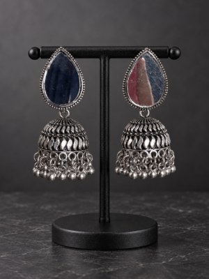 Teardrop mirror oxidised jhumka earrings with silver-toned bead drops