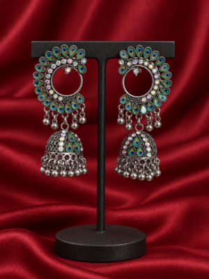 Mayuri peacock oxidised jhumka earrings with colourful feather motifs and silver-toned drops