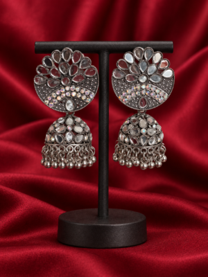 Mayura peacock-inspired mirror-work oxidised jhumka earrings with silver-toned bead drops