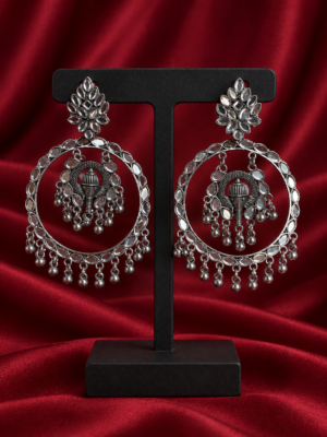 Elephant mirror-work oxidised chandbali earrings with silver-toned bead drops