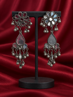 Long floral mirror-work oxidised dangler earrings with silver-toned bead drops