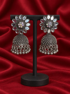 Pushpa floral mirror-work oxidised jhumka earrings with silver-toned bead drops
