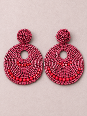 Rhea dark pink handmade beaded circular statement earrings