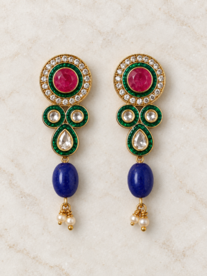 Rangini multicolour stone dangler earrings with blue beads and pearl drops