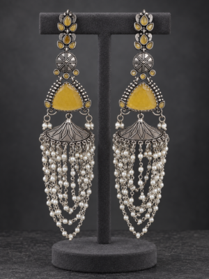 Kanak yellow stone brass earrings with layered pearl chain cascades