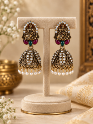 Lakshmi oxidised temple jhumka earrings with pearl drops measuring 5 cm