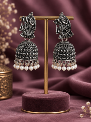 Radha Krishna oxidised jhumka earrings with pearl drops measuring 5 cm