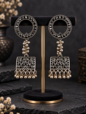 Oxidised black stone geometric dangler earrings with metallic ghungroos