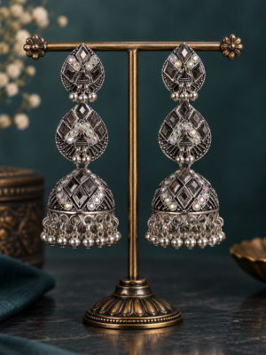 Oxidised peacock mirror jhumka earrings measuring 7 cm