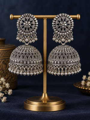 Premium German silver oversized jhumka earrings measuring 7.5 cm