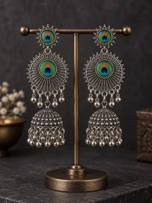 Peacock feather oxidised long jhumka earrings with metallic bead drops