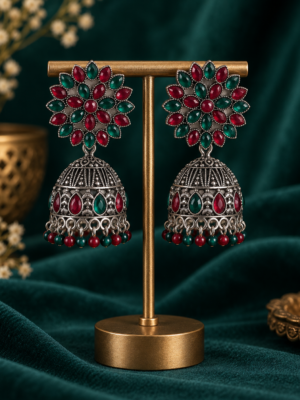 Ruby green floral oxidised jhumka earrings with matching bead drops