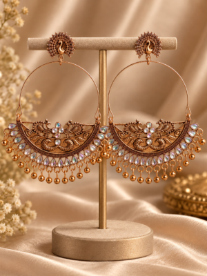 Anushka golden oxidised peacock chandbali earrings measuring 9.5 cm