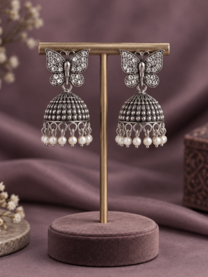 Butterfly stone oxidised jhumka earrings with white pearl drops