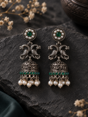Emerald peacock oxidised jhumka earrings with white pearl drops