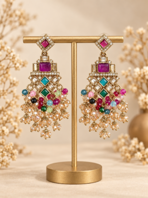 Dharni multicolour Kundan earrings for women with colourful stone detailing