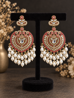 Aaliya dark pink Kundan pearl chandbali earrings for women