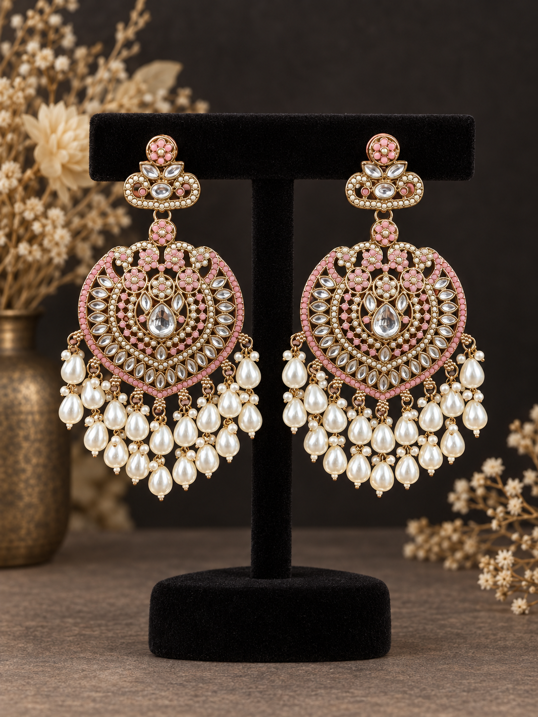 Aaliya light pink Kundan pearl chandbali earrings for women