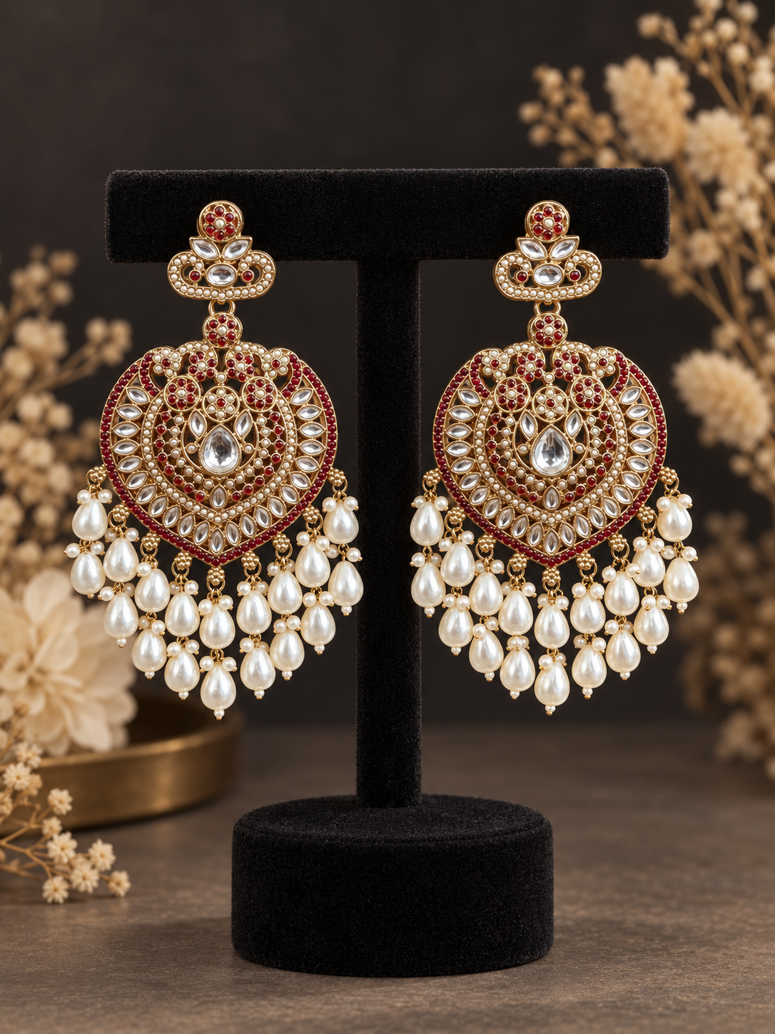 Aaliya red Kundan pearl chandbali earrings for women