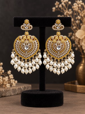 Aaliya yellow Kundan pearl chandbali earrings for women