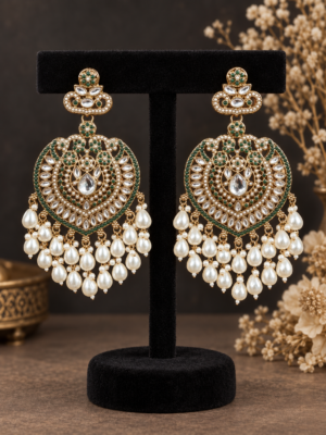 Aaliya dark green Kundan pearl chandbali earrings for women
