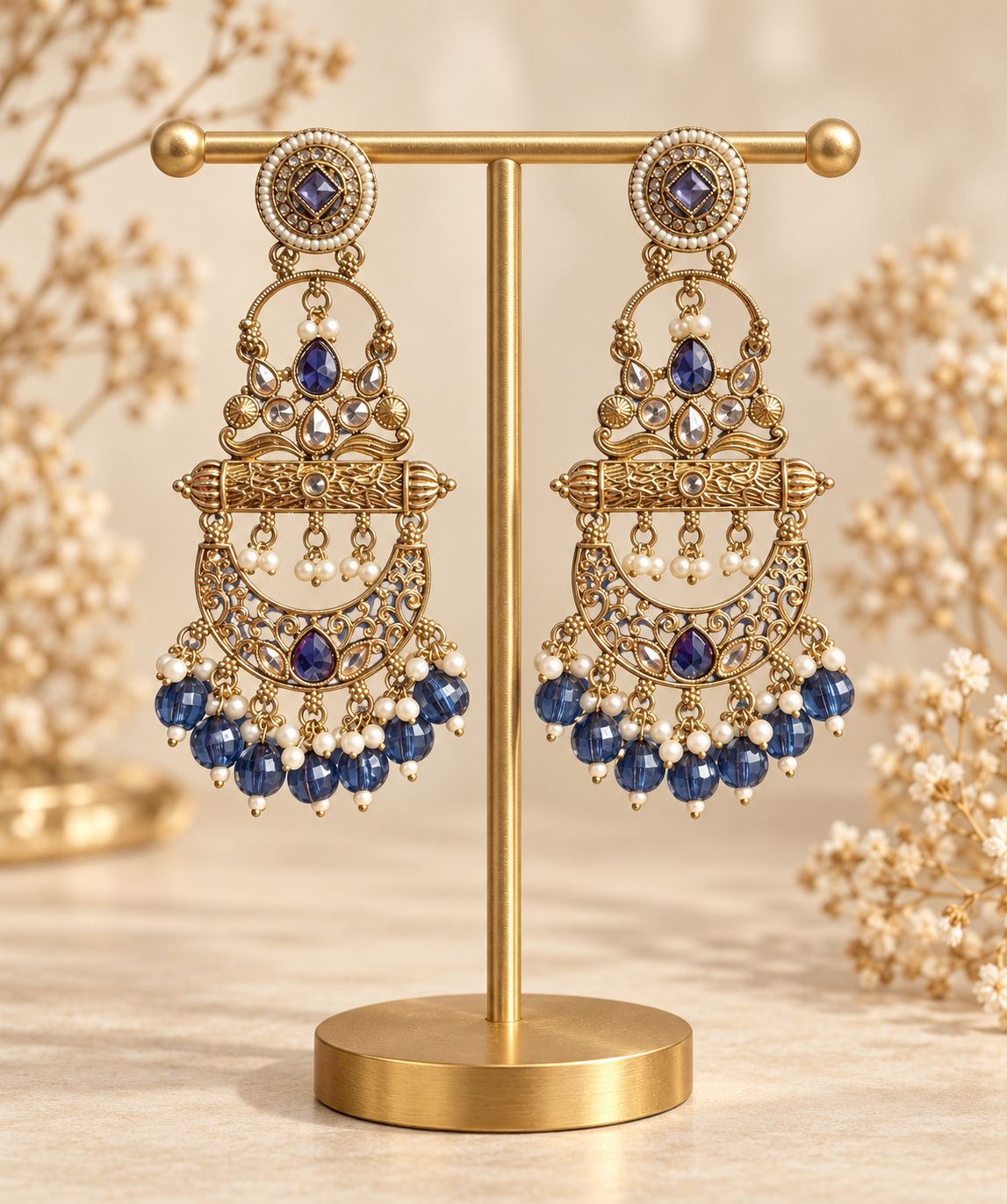 Sajda dark blue Kundan chandbali earrings for women