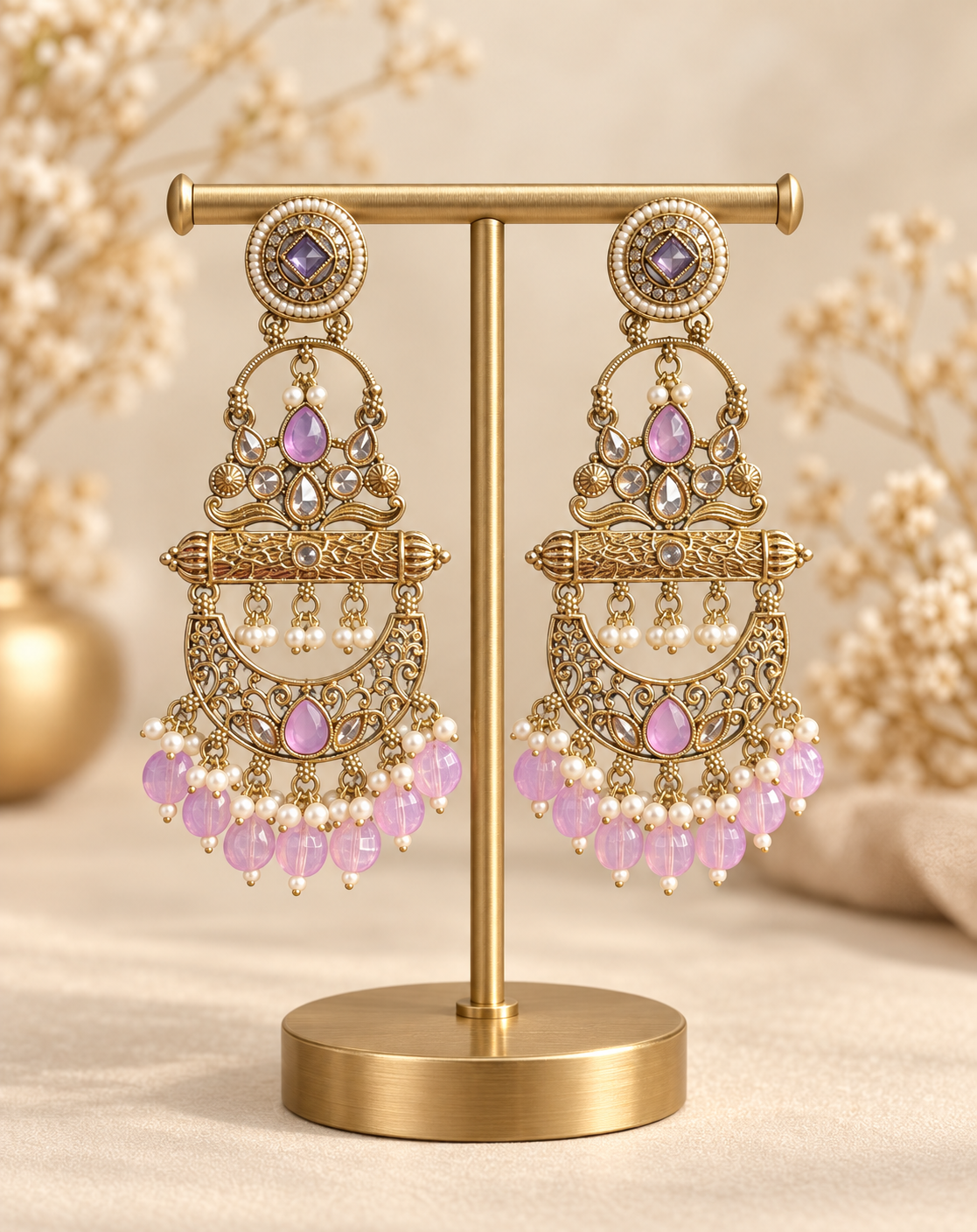 Sajda lavender Kundan chandbali earrings for women