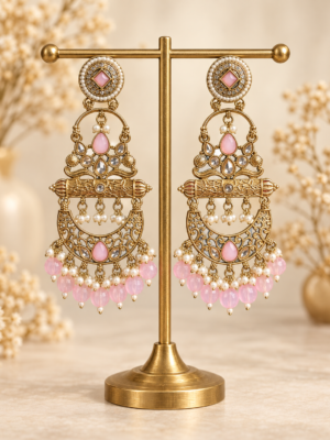 Sajda light pink Kundan chandbali earrings for women