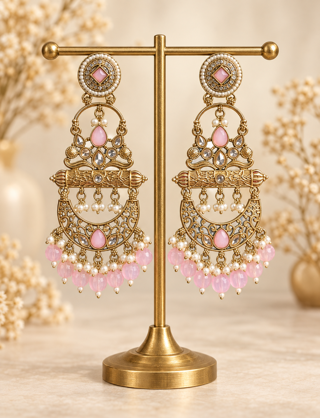 Sajda light pink Kundan chandbali earrings for women