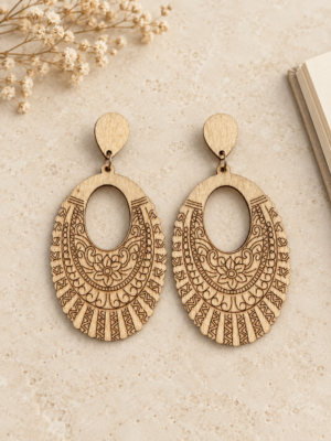 Lightweight engraved wooden dangle earrings for women