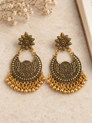 Antique gold floral chandbali earrings with hanging ghungroos