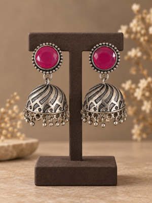 Pink stone brass jhumka earrings measuring 4.5 cm