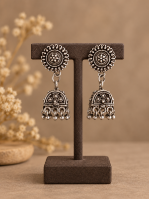 Anvi floral oxidised jhumka earrings with dangling silver-tone beads