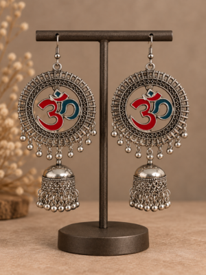 Omkara oxidised Om jhumka earrings with red and blue accents