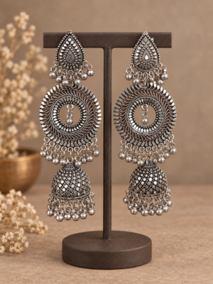 Chakrika long oxidised jhumka earrings with circular detailing