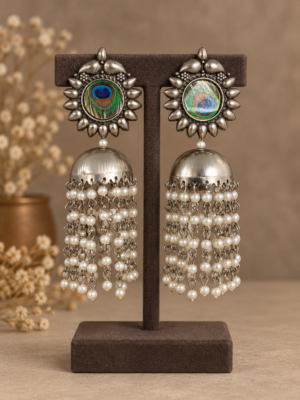 Mayuri peacock feather jhumka earrings with cascading pearl chains
