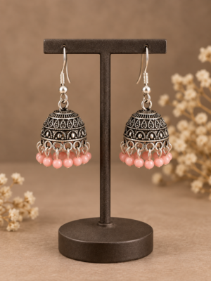 Gulabo pink bead oxidised jhumka earrings with engraved domes