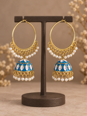 Neelika blue enamel hoop jhumka earrings with pearl-style beads