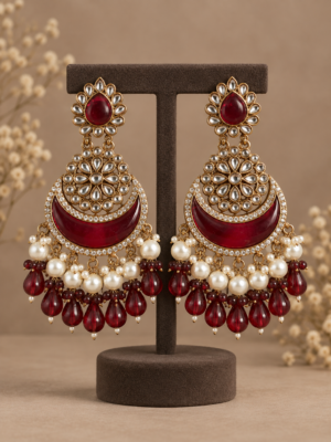 Riddhima red Kundan chandbali earrings with pearl-style bead drops