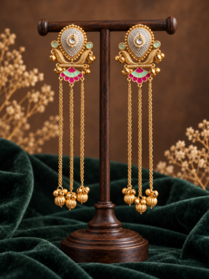 Deepti mint green pink Kashmiri earrings with long gold-tone chains