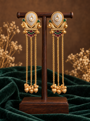 Deepti green red Kashmiri earrings with long gold-tone chains