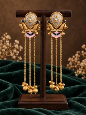 Deepti black pink Kashmiri earrings with long gold-tone chains