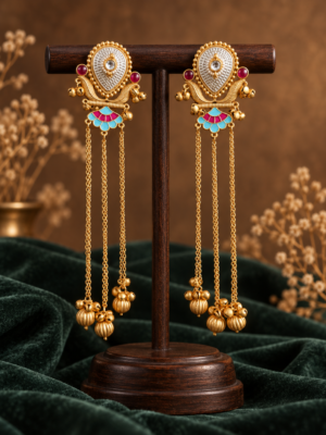 Deepti pink light blue Kashmiri earrings with long gold-tone chains