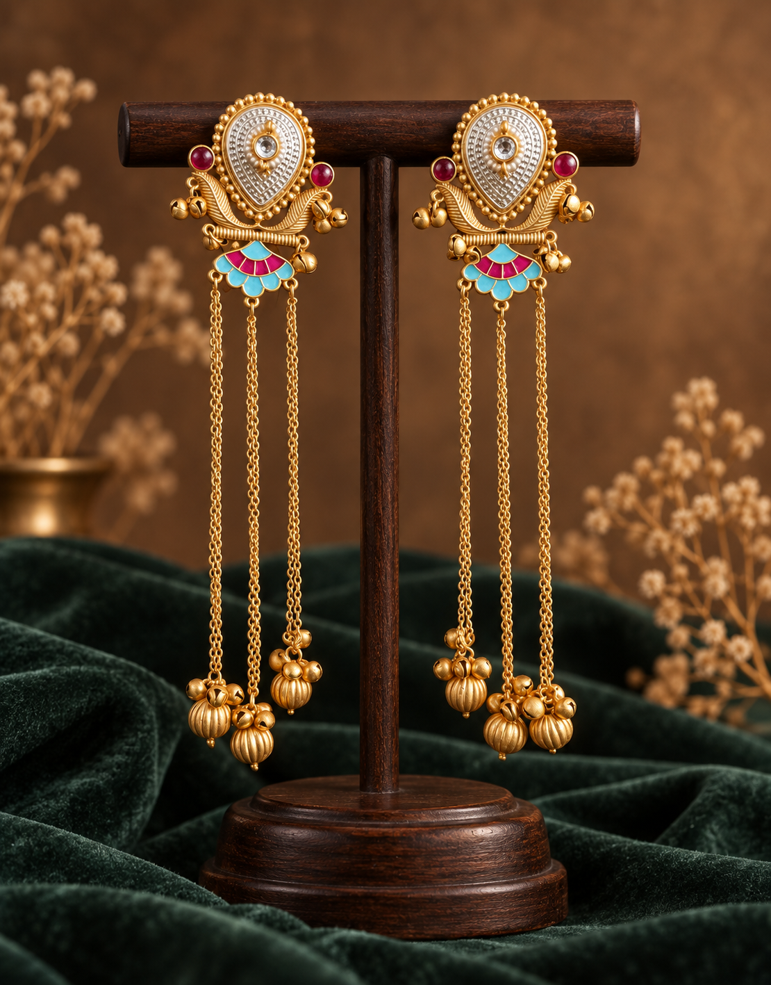 Deepti pink light blue Kashmiri earrings with long gold-tone chains