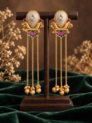Deepti pink green Kashmiri earrings with long gold-tone chains