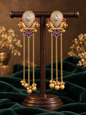 Deepti pink blue Kashmiri earrings with long gold-tone chains